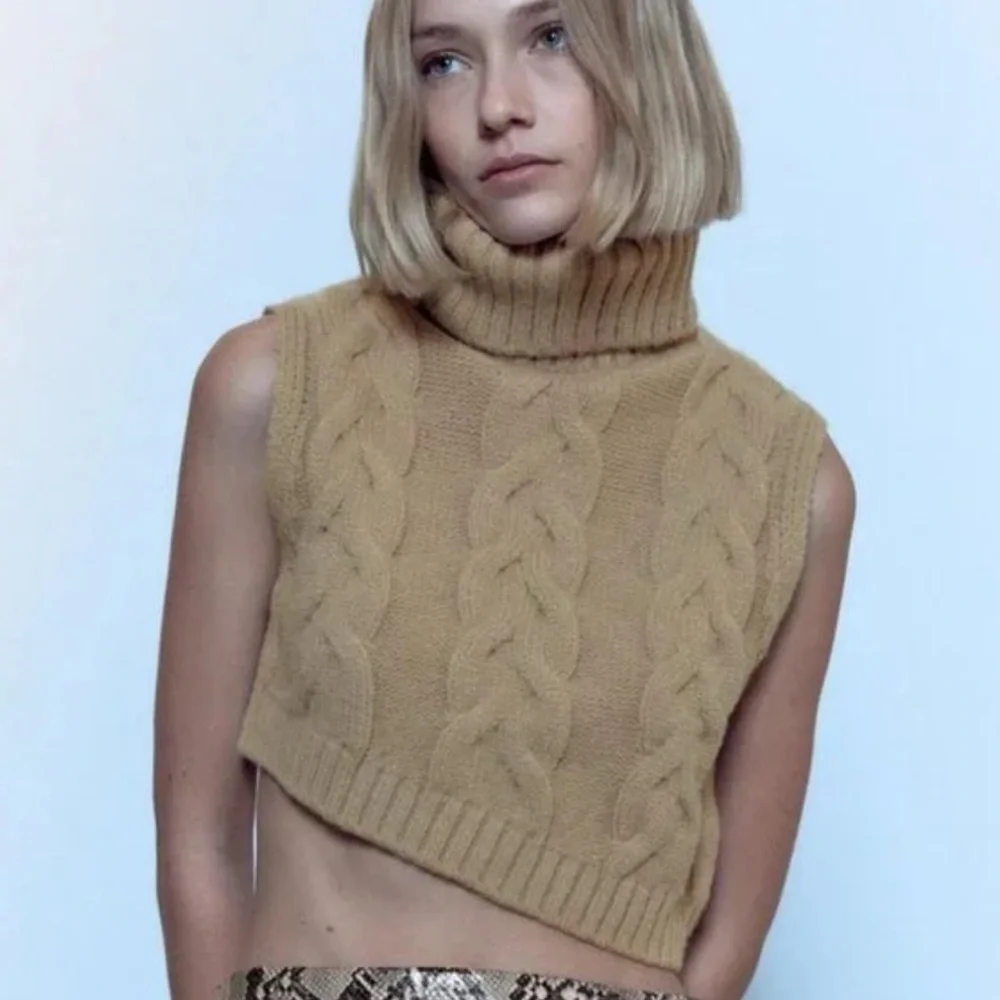 Zara Camel Cable Knit Turtleneck Asymmetrical Sweater
